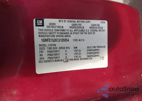 2007 Chevrolet Tahoe Lt from USA, damaged, VIN 1GNFC13JX7J129354